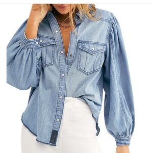 Free People with Love Cotton Light Blue Denim Button Down Shirt